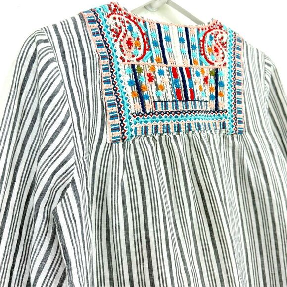 J. Jill White Blue Stripe Colorful Embroidered Ethnic Boho Festival Linen Jacket - Picture 11 of 13